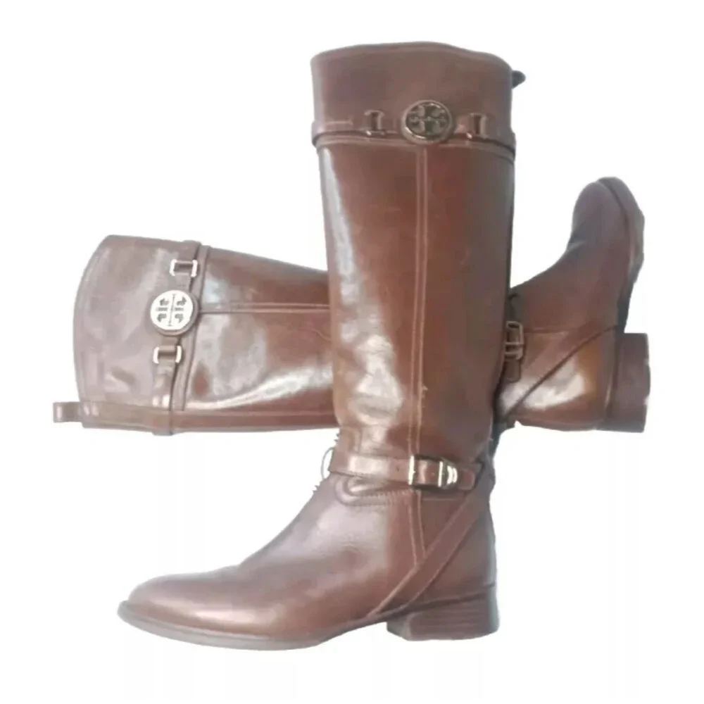 Tory Burch Calista Riding Boot Size 5.5 Cognac Brown Leather Retail $495